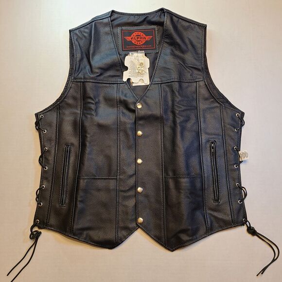 Leather Biker Vest Size L - Alpha Cycle Gear - New With Tags - Picture 1 of 6